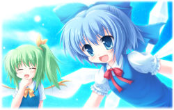 Rule 34 | 2girls, bad id, bad pixiv id, blue dress, blue eyes, blue hair, bow, cirno, daiyousei, dress, closed eyes, fairy wings, fang, green hair, hair bow, hair ribbon, hand to own mouth, multiple girls, open mouth, ribbon, shirt, short sleeves, side ponytail, smile, touhou, wings, yokuran