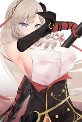 Rule 34 | 1girl, absurdres, algerie (azur lane), azur lane, bad id, bad pixiv id, bare shoulders, blue eyes, breasts, brown hair, button gap, covered erect nipples, drill hair, gloves, hair ornament, highres, holding, holding weapon, large breasts, long hair, no bra, red gloves, sakkama, shirt, sideboob, solo, taut clothes, taut shirt, twin drills, weapon