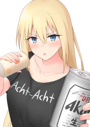 Rule 34 | 1girl, :o, akahi242, alternate costume, bismarck (kancolle), black shirt, blonde hair, blue eyes, blush, breasts, can, casual, clothes writing, hair between eyes, highres, holding, holding can, kantai collection, large breasts, long hair, looking at viewer, shirt, simple background, solo, t-shirt, white background