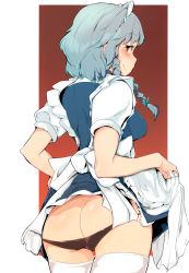 Rule 34 | 1girl, apron, ass, black panties, blue dress, blush, bow, braid, breasts, butt crack, closed mouth, clothes lift, commentary, cowboy shot, dress, dress lift, from behind, hekiga (freelot), highres, izayoi sakuya, looking at viewer, looking back, maid, maid apron, maid headdress, medium breasts, medium hair, panties, red background, red eyes, short sleeves, side braids, silver hair, simple background, smile, solo, thigh gap, thighhighs, thighs, touhou, twin braids, underwear, white thighhighs