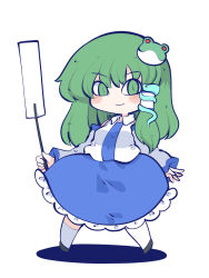 Rule 34 | 1girl, bare shoulders, blue skirt, blush stickers, breasts, chahan (fried rice0614), chibi, closed mouth, commentary request, detached sleeves, frog hair ornament, full body, gohei, green eyes, green hair, hair ornament, highres, holding, holding stick, kochiya sanae, legs apart, looking at viewer, medium breasts, shadow, shirt, simple background, skirt, slit pupils, smile, solo, standing, stick, touhou, white background, white shirt, wing collar