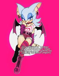 Rule 34 | 1girl, alternate costume, animal ears, animal nose, arm at side, arm warmers, artist name, asymmetrical legwear, bat ears, bat girl, bat wings, belt, black nails, blue eyes, blue eyeshadow, blush, body fur, boots, breasts, casual, cleavage, collar, cross-laced footwear, earrings, english text, eyeshadow, fang, female focus, furry, furry female, grey fur, grey hair, half-closed eyes, hand to own mouth, hand up, happy, heart, heart collar, high-waist shorts, invisible chair, jewelry, knees together feet apart, light blush, looking at viewer, makeup, multiple earrings, nail polish, notched ear, off-shoulder shirt, off shoulder, open mouth, outline, pink background, pink footwear, purple shorts, purple wings, rouge the bat, shiny skin, shirt, shirt tucked in, short hair, short shorts, short sleeves, shorts, signature, simple background, sitting, small breasts, smile, solo, sonic (series), sparkle, striped clothes, striped thighhighs, sucho, tail, thighhighs, thighs, twitter username, two-tone thighhighs, uneven legwear, white outline, white shirt, wings