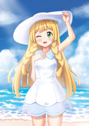 Rule 34 | 1girl, ;d, arm up, blonde hair, blush, braid, cloud, collared dress, commentary request, creatures (company), day, dress, els (ljhlee12), eyelashes, game freak, green eyes, hand on headwear, hand up, hat, highres, korean commentary, lillie (pokemon), long hair, nintendo, one eye closed, open mouth, outdoors, pokemon, pokemon sm, sand, shore, sky, sleeveless, sleeveless dress, smile, solo, sun hat, twin braids, water, white dress, white hat