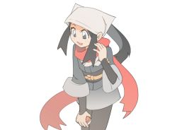 Rule 34 | 1girl, akari (pokemon), black hair, creatures (company), cropped legs, game freak, head scarf, highres, holding, holding poke ball, nintendo, open mouth, poke ball, poke ball (legends), pokemon, pokemon legends: arceus, ponytail, red scarf, scarf, simple background, smile, solo, standing, temmie chang, white background