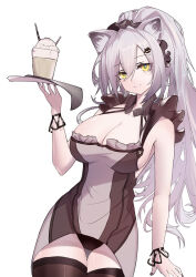 Rule 34 | 1girl, animal ear fluff, animal ears, arknights, bare shoulders, black nails, black panties, breasts, brown dress, brown thighhighs, cat ears, cleavage, closed mouth, commentary request, cup, dress, drinking glass, grey hair, hand up, high ponytail, highres, holding, large breasts, long hair, nail polish, panties, ponytail, schwarz (arknights), simple background, smile, solo, thigh gap, thighhighs, underwear, very long hair, white background, yunlingluo