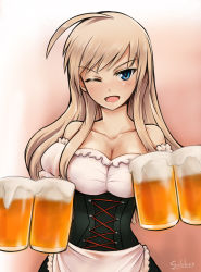 Rule 34 | 1girl, ;d, ahoge, alcohol, artist name, bad id, bad pixiv id, beer, beer mug, blonde hair, blue eyes, breasts, cleavage, cup, dirndl, eshi (solokov), german clothes, hanna-justina marseille, highres, large breasts, long hair, looking at viewer, mug, oktoberfest, one eye closed, open mouth, signature, smile, solo, solokov (okb-999), strike witches, traditional clothes, tsurime, underbust, wink, world witches series