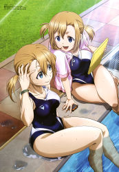 Rule 34 | 2girls, :d, absurdres, bare legs, blonde hair, blue eyes, bracelet, breasts, cleavage, closed mouth, collarbone, competition swimsuit, covered navel, grass, hand in own hair, highres, holding, jacket, jewelry, kawaguchi ibuki, kawaguchi yoshino, light rays, medium breasts, megami magazine, multiple girls, official art, one-piece swimsuit, open mouth, partially submerged, pool, poolside, purple jacket, short sleeves, siblings, sidelocks, sisters, sitting, smile, stopwatch, sunlight, swimsuit, tablet pc, tamayomi, thighs, twintails, watch, water, water drop, wet