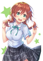 Rule 34 | 1girl, :d, arms up, black skirt, blue neckwear, blush, braid, breasts, brown hair, collared shirt, commentary, commentary request, cowboy shot, dress shirt, emma verde, freckles, green eyes, hair between eyes, large breasts, long hair, looking at viewer, love live!, love live! nijigasaki high school idol club, nijigasaki school uniform, open mouth, plaid, plaid skirt, playing with own hair, school uniform, shirt, shirt tucked in, short sleeves, simple background, skirt, smile, solo, star (symbol), star print, symbol-only commentary, teeth, tomo wakui, tongue, twin braids, uniform, upper teeth only, white shirt
