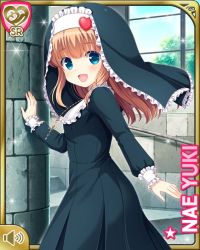 Rule 34 | 1girl, black dress, blue eyes, brown hair, character name, dress, from side, girlfriend (kari), habit, hair ornament, heart, heart hair ornament, indoors, jewelry, long hair, looking back, necklace, official art, open mouth, qp:flapper, smile, solo, stairs, window, yuuki nae