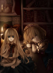 1girl alice_margatroid blonde_hair blue_eyes book bow doll hair_bow half-closed_eyes headband highres hiyanagi kirisame_marisa long_hair looking_at_viewer mirror needle shanghai_doll short_hair touhou when_you_see_it