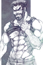 Rule 34 | 1boy, abs, artist request, bara, beard, black tank top, clothes lift, cowboy shot, denim, facial hair, frown, full beard, greyscale, hand hair, highres, jeans, large pectorals, lifted by self, long sideburns, looking at viewer, male focus, mature male, monochrome, muscular, muscular male, navel, navel hair, nipple hair, nipples, original, pants, pectorals, sanpaku, shirt lift, sideburns, solo, standing, stomach, tank top, thick arm hair, thick chest hair, thick navel hair, tsurime, two-tone background, underpec, very hairy