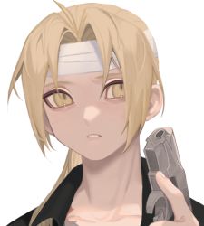 Rule 34 | 1boy, ahoge, automail, bandaged head, bandages, black shirt, blonde hair, cbow, collarbone, collared shirt, edward elric, fullmetal alchemist, gun, hair over shoulder, hand up, handgun, highres, holding, holding gun, holding weapon, injury, long hair, looking afar, looking at viewer, male focus, parted bangs, parted lips, portrait, scar, shirt, simple background, solo, trigger discipline, weapon, white background, yellow eyes