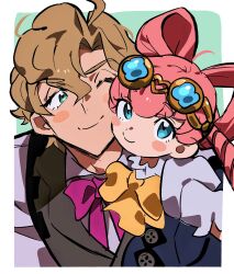 Rule 34 | 1boy, 1girl, ace attorney, ahoge, blonde hair, blue eyes, blush, bow, bow-shaped hair, bowtie, cheek-to-cheek, closed mouth, collared shirt, commentary, drill hair, goggles, goggles on head, grgrton, hair rings, heads together, herlock sholmes, highres, iris wilson, long hair, long sleeves, looking at another, looking at viewer, one eye closed, pink hair, pink shirt, shirt, short hair, smile, symbol-only commentary, the great ace attorney, upper body, vest, white shirt, yellow bow