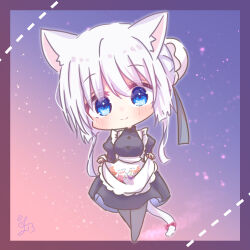 Rule 34 | 1girl, absurdres, alternate costume, animal ear fluff, animal ears, apron, black pantyhose, blue eyes, blunt ends, blush, border, bow, cat ears, cat tail, chibi, closed mouth, commentary request, enmaided, eyes visible through hair, frilled apron, frills, gradient background, hair between eyes, hair bun, highres, juliet sleeves, long sleeves, looking at viewer, maid, maid apron, naruse shiroha, one-hour drawing challenge, pantyhose, puffy sleeves, purple border, red bow, sidelocks, signature, simple background, single hair bun, skirt hold, smile, solo, standing, summer pockets, tail, tail bow, tail ornament, utuigawa, white apron