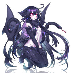 Rule 34 | 1girl, ahoge, black fur, black hair, black sclera, blue hair, bright pupils, colored sclera, completely nude, demon girl, demon wings, fingernails, floating, forked tongue, full body, gradient hair, hand up, long hair, looking away, low wings, monster girl, multicolored hair, multiple tails, neck fur, nude, original, pink hair, pointy ears, purple hair, reflective floor, rtsusk09, seiza, sharp fingernails, sharp toenails, sitting, snake head tail, snake tail, solo, tail, toenails, tongue, two tails, very long hair, white background, white pupils, wings