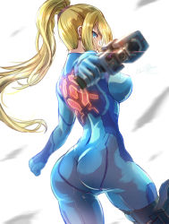 Rule 34 | 1girl, absurdres, artist name, ass, blonde hair, blue bodysuit, blue eyes, bodysuit, breasts, clear glass (mildmild1311), closed mouth, commentary request, from behind, highres, holding, holding weapon, lips, long hair, long sleeves, looking at viewer, looking back, medium breasts, metroid, nintendo, paralyzer, ponytail, samus aran, shiny clothes, signature, simple background, skin tight, solo, weapon, white background, zero suit