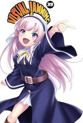 Rule 34 | 1girl, :d, arm up, black dress, blunt bangs, blush, child, dress, english text, eyelashes, happy, highres, hip vent, index finger raised, kamisama ni natta hi, long hair, long sleeves, looking at viewer, nun, open mouth, outstretched arms, pink hair, purple eyes, ribbon, satou hina (kamisama ni natta hi), short eyebrows, smile, solo, straight hair, transparent background, very long hair, white headwear, wide-eyed, wide sleeves, yellow ribbon, zen (kamuro)