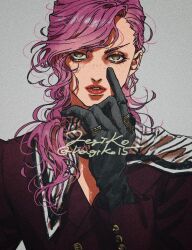 Rule 34 | 1girl, aegyo sal, asymmetrical bangs, black gloves, buttoned cuffs, gloves, grey background, hagiko15, hand up, highres, jacket, jewelry, jojo no kimyou na bouken, looking at viewer, multiple rings, parted lips, pink hair, portrait, red jacket, red lips, ring, scarf, signature, solo, trish una, twitter username, vento aureo, yellow eyes