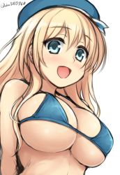 Rule 34 | 10s, 1girl, aqua eyes, arms behind back, atago (kancolle), beret, bikini, blonde hair, blue bikini, blush, breasts, collarbone, don (29219), female focus, hat, kantai collection, large breasts, long hair, micro bikini, open mouth, simple background, sketch, smile, solo, swimsuit, twitter username, underboob, upper body, white background