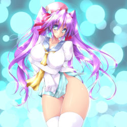 Rule 34 | 1girl, blue eyes, breast hold, breasts, cave (developer), covered erect nipples, curvy, elbow gloves, female focus, gloves, groin, hair ornament, hair ribbon, highres, huge breasts, long hair, mushihime-sama, panties, purple hair, reco, ribbon, scatter milk, solo, standing, thigh gap, thighhighs, thighs, thong, tibbon, twintails, underwear, white thighhighs