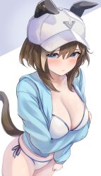 Rule 34 | 1girl, animal ears, arm under breasts, baseball cap, bikini, blue eyes, blue jacket, blush, breasts, brown hair, cheval grand (umamusume), cleavage, closed mouth, commentary, embarrassed, enumiyaa, hat, highres, horse ears, horse girl, horse tail, jacket, large breasts, long sleeves, looking at viewer, multicolored hair, nose blush, short hair with long locks, side-tie bikini bottom, simple background, solo, streaked hair, swimsuit, tail, umamusume, white background, white bikini, white hair, white hat