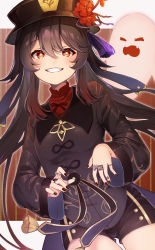 1girl, bangs, black headwear, brown hair, clenched teeth, commentary request, eyebrows visible through hair, fingernails, flower, flower-shaped pupils, genshin impact, ghost, hair between eyes, hat, hat flower, highres, hu tao, jewelry, kodama (koda mat), long hair, long sleeves, looking at viewer, multiple rings, nail polish, orange eyes, plum blossoms, red nails, ring, smile, solo, teeth, thighs, thumb ring, twintails