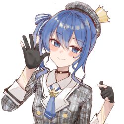 Rule 34 | 1girl, beret, black choker, black gloves, blue eyes, blue hair, blue neckerchief, blue ribbon, bracelet, breasts, buttons, choker, closed mouth, collared shirt, crown, double-breasted, gloves, grey hat, grey shirt, hair between eyes, hair ribbon, hands up, hat, highres, hololive, hoshimachi suisei, hoshimachi suisei (1st costume), jewelry, karyln, long sleeves, looking at viewer, mini crown, neckerchief, partially fingerless gloves, plaid, plaid headwear, plaid shirt, ribbon, shirt, short hair, side ponytail, sidelocks, simple background, small breasts, smile, solo, star (symbol), star in eye, striped ribbon, symbol in eye, tilted headwear, upper body, virtual youtuber, white background, white ribbon
