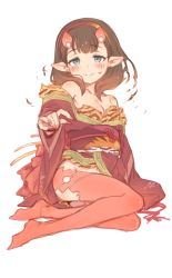 Rule 34 | 1girl, 7010, animal print, blue eyes, blush, breasts, brown hair, cleavage, commentary request, hairband, horns, idolmaster, idolmaster cinderella girls, japanese clothes, kimono, looking at viewer, no shoes, obi, off shoulder, oni, oni horns, red legwear, sakuma mayu, sash, short hair, short kimono, simple background, sketch, solo, tiger print, white background