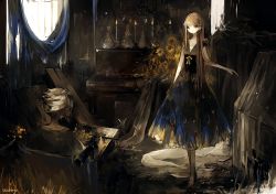 Rule 34 | 1girl, artist name, asahiro (algl), bad id, bad pixiv id, bandages, black dress, brown hair, candle, chandelier, curtains, dark, dress, figure, flower, indoors, instrument, light, long hair, looking at another, original, paintbrush, painting (action), pale skin, piano, signature, sitting, sleeveless, sleeveless dress, smile, wheelchair, window