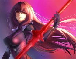 Rule 34 | 1girl, armor, bodysuit, breasts, covered erect nipples, fate/grand order, fate (series), gae bolg (fate), glowing, glowing weapon, holding, large breasts, long hair, looking at viewer, pauldrons, pdz, polearm, purple bodysuit, purple hair, red eyes, scathach (fate), scathach (fate), shoulder armor, smile, solo, spear, teeth, upper body, very long hair, weapon