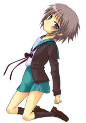 Rule 34 | 00s, 1girl, black legwear, blue skirt, blush, bow, brown footwear, cardigan, closed mouth, eyebrows, from side, full body, kita high school uniform, kneeling, leaning back, loafers, long sleeves, looking at viewer, miniskirt, nagato yuki, neck ribbon, open cardigan, open clothes, purple hair, red bow, red ribbon, ribbon, saki chisuzu, school uniform, serafuku, shoes, short hair, simple background, skirt, solo, suzumiya haruhi no yuuutsu, white background, yellow eyes