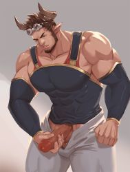 Rule 34 | 1boy, arbbun, bara, bare shoulders, beard, brown hair, censored, character request, check character, covered abs, covered erect nipples, covered navel, cowboy shot, detached sleeves, draph, facial hair, goggles, goggles on head, granblue fantasy, highres, horns, large pectorals, male focus, male masturbation, manly, masturbation, mosaic censoring, muscular, pants, pectorals, penis, pointy ears, short hair, skin tight, solo, thick thighs, thighs, tight clothes, white pants