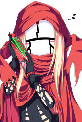 Rule 34 | 2girls, arthropod girl, beads, black dress, black gloves, blush stickers, bug spray, cloak, commentary request, dress, entoma vasilissa zeta, evileye (overlord), gloves, highres, hood, looking at viewer, maritchi, multiple girls, musical note, overlord (maruyama), prayer beads, purple hair, red cloak, red scarf, scarf, simple background, smile, vampire, white background, x x