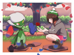 Rule 34 | 1girl, bad id, bad pixiv id, blush, bob cut, boots, border, bright pupils, brown eyes, brown footwear, brown hair, cardigan, cloud, commentary request, creatures (company), day, dress, emuenuon, flower, from side, game freak, gen 4 pokemon, gloria (pokemon), grass, green headwear, green legwear, grey cardigan, hat, hooded cardigan, nintendo, open mouth, outdoors, outside border, petals, pink dress, plaid, plaid legwear, plant, pokemon, pokemon (creature), pokemon swsh, potted plant, red flower, roserade, short hair, smile, socks, squatting, tam o&#039; shanter, tree, white border