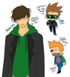 3boys antenna_hair arms_at_sides arrow_(symbol) bags_under_eyes black_eyes black_footwear black_jacket black_necktie black_pants black_vest blue_pants blue_shirt brown_hair character_name chibi clenched_teeth closed_mouth collarbone collared_shirt commentary drawstring edd_(eddsworld) eddsworld facial_hair full_body future_edd_(eddsworld) future_matt_(eddsworld) future_tom_(eddsworld) green_eyes green_hoodie green_jacket hair_behind_ear head-mounted_display highres hood hood_down hoodie jacket lapels long_sleeves looking_at_viewer looking_to_the_side male_focus matt_(eddsworld) multiple_boys necktie open_clothes open_jacket orange_hair pants purple_sweater ribbed_sweater shirt short_hair simple_background solo_focus subu_(sbj) sweater teeth tom_(eddsworld) translation_request turtleneck turtleneck_sweater upper_body vest walking white_background