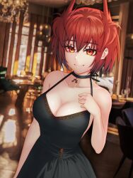 Rule 34 | 1girl, absurd fox, absurdres, alternate costume, animal ears, arknights, bird ears, bird girl, black dress, breasts, cleavage, cocktail dress, dress, fiammetta (arknights), hand on own chest, highres, large breasts, light smile, looking at viewer, red eyes, red hair, self-upload, short hair, solo