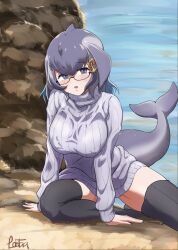Rule 34 | 1girl, anchor hair ornament, beach, blowhole, blue eyes, blue hair, blue whale (kemono friends), blush, breasts, cetacean tail, fins, fish tail, glasses, grey hair, hair ornament, highres, japari symbol, kemono friends, kyonin dofu, large breasts, long hair, long sleeves, looking at viewer, multicolored hair, open mouth, solo, sweater, tail, thick thighs, thighhighs, thighs, turtleneck