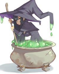 Rule 34 | 1girl, ass, black hair, breasts, capelet, cauldron, closed mouth, commentary, cooking, dress, dripping, english commentary, from behind, gradient hair, green eyes, green hair, grey capelet, grey dress, grey hat, hat, highres, holding, large breasts, long hair, long sleeves, looking at viewer, monster girl, multicolored hair, original, purple hat, simple background, slime girl, smile, smug, solo, two-sided fabric, two-sided headwear, vins-mousseux, white background, witch, witch hat