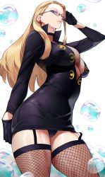 Rule 34 | 1girl, absurdres, black dress, black gloves, blonde hair, blue eyes, breasts, bubble, cleavage, covered navel, dress, duplicate, earrings, fishnet thighhighs, fishnets, glasses, gloves, highres, jewelry, kalifa (one piece), large breasts, long hair, looking at viewer, one piece, revision, short dress, solo, thighhighs, thighs, yoshio (55level)