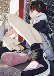 Rule 34 | 1girl, bare legs, bare legs girl (kamizaki hibana), black cat, black hair, black jacket, cat, chain-link fence, commentary request, fence, from below, grey scarf, grey skirt, hand on own ankle, jacket, kamizaki hibana, looking at viewer, miniskirt, nike (company), on ground, original, outdoors, pink eyes, pink scrunchie, pleated skirt, scarf, scrunchie, shoes, short hair, sitting, skirt, sneakers, solo, tearing up, tears, twintails, vending machine