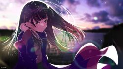 Rule 34 | 1girl, bloom, blue jacket, blunt bangs, blurry, blurry background, closed mouth, cloud, cloudy sky, commentary request, copyright notice, curled fingers, dark clouds, depth of field, eyelashes, floating hair, green skirt, hair flip, hand in own hair, hand up, high-waist skirt, highres, hirayama kanna, jacket, lens flare, light particles, long hair, multicolored clothes, multicolored jacket, official art, open clothes, open jacket, purple eyes, purple hair, purple jacket, purple sky, shirt, skirt, sky, smile, solo, takanashi kim anouk mei, two-tone jacket, upper body, yellow shirt, yoru no kurage wa oyogenai