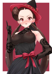 Rule 34 | 1girl, bare shoulders, black dress, black gloves, black hat, blush, border, breasts, brown hair, covered erect nipples, cowboy shot, creatures (company), dot nose, dress, ear blush, earrings, elbow gloves, embarrassed, eyebrows, eyelashes, female focus, forehead, from below, game freak, gloves, hair rings, hand on own hip, hand up, hat, highres, index finger raised, jewelry, large breasts, long hair, nintendo, no bra, nose blush, official alternate costume, open mouth, pokemon, pokemon masters ex, red background, red eyes, red hat, roxanne (fall 2023) (pokemon), roxanne (pokemon), shipua (the worst night ever), simple background, sleeveless, sleeveless dress, solo, standing, twintails, two-tone headwear, very long hair, white border, witch hat