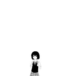 Rule 34 | 1girl, :3, backpack, bag, greyscale, marvel, monochrome, peni parker, plaid, plaid skirt, school uniform, short hair, simple background, skirt, solo, spider-man: into the spider-verse, spider-man (series), spider-verse, white background, xyanaid