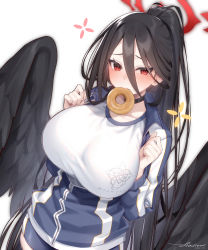 Rule 34 | 1girl, black choker, black feathers, black hair, black serafuku, black wings, blue archive, blush, breasts, choker, doughnut, feathered wings, feathers, food, food in mouth, gym shirt, gym uniform, hair between eyes, halo, hasumi (blue archive), hasumi (track) (blue archive), hattori masaki, high ponytail, highres, jacket, large breasts, large wings, long hair, low wings, mole, mole under eye, mouth hold, official alternate costume, partially unzipped, red eyes, school uniform, serafuku, shirt, shorts, signature, solo, track jacket, very long hair, wings