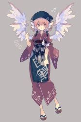 Rule 34 | 1girl, animal ears, apron, beret, bird ears, bird wings, black apron, black bow, black hat, blush, bow, clenched hands, closed mouth, commentary, eyebrows hidden by hair, feathered wings, full body, grey background, hand up, hat, highres, japanese clothes, kimono, long sleeves, looking at viewer, musical note, mystia lorelei, nail polish, nikorashi-ka, notice lines, obi, pink eyes, pink hair, red footwear, red kimono, red nails, sandals, sash, short hair, simple background, smile, solo, standing, toenail polish, toenails, touhou, v-shaped eyebrows, waist apron, wide sleeves, wings, zouri