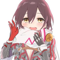 Rule 34 | 1girl, :d, black gloves, blush, breasts, cleavage, commentary request, gloves, grey jacket, hand up, hololive, jacket, long sleeves, looking at viewer, mechanical arms, medium breasts, multicolored clothes, multicolored gloves, nana kagura, open mouth, purple hair, red gloves, roboco-san, roboco-san (1st costume), scarf, short hair, simple background, smile, solo, upper body, virtual youtuber, white background, white scarf, yellow eyes
