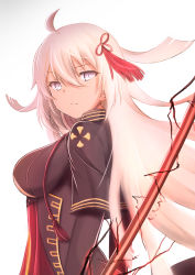 Rule 34 | 1girl, absurdres, ahoge, arm guards, black jacket, breasts, closed mouth, commentary request, dark-skinned female, dark skin, fate/grand order, fate (series), gradient background, grey background, hair between eyes, hair ornament, highres, jacket, koha-ace, large breasts, long hair, looking at viewer, looking to the side, okita souji (fate), okita souji alter (fate), purple eyes, red skirt, shibakame, silver hair, skirt, solo, tassel, very long hair, white background