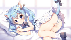 Rule 34 | 1girl, animal ear fluff, animal ears, ass, bare arms, bare shoulders, bed sheet, black bow, blue hair, blurry, blurry background, blush, bobby socks, bow, brown footwear, cat ears, cat girl, cat tail, closed mouth, commentary request, depth of field, dress, hair between eyes, hands up, long hair, looking at viewer, lying, mauve, on side, original, panties, pillow, purple eyes, shoe soles, shoes, sleeveless, sleeveless dress, socks, solo, tail, tail raised, twintails, underwear, white dress, white panties, white socks