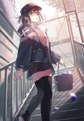 Rule 34 | 1girl, bag, baseball cap, belt, black hair, black jacket, black skirt, black thighhighs, blue flower, brown eyes, chain-link fence, day, fence, flower, hat, highres, holding, holding bag, hood, hood down, hooded jacket, jacket, koh rd, long sleeves, miniskirt, open clothes, open jacket, open mouth, original, outdoors, petals, red shirt, shirt, shoes, short hair, sidelocks, sign, skirt, smile, sneakers, solo, stairs, thighhighs, zettai ryouiki