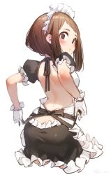 Rule 34 | 10s, 1girl, :o, alternate costume, apron, ass, back, backless outfit, bare back, black bow, blush, bob cut, boku no hero academia, bow, breasts, brown eyes, butt crack, cropped legs, eyebrows, frilled skirt, frilled sleeves, frills, gloves, looking at viewer, looking back, maid, maid apron, maid headdress, open mouth, puffy short sleeves, puffy sleeves, ryota (ry o ta), short hair, short sleeves, signature, simple background, skirt, solo, uraraka ochako, white background